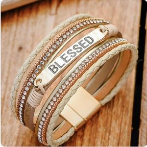 BLESSED Rhinestone Layered Leather Bracelet